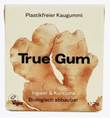 True Gum Kaugummi plastikfrei vegan zuckerfrei Ingwer-Kurkuma 21g